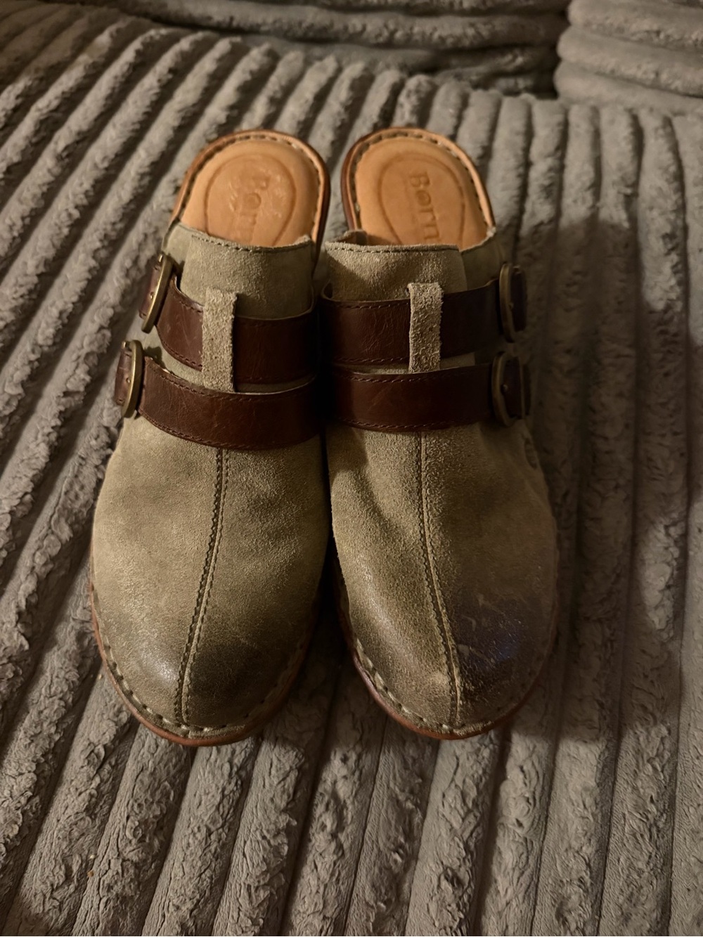 Born Taupe Suede Mules with Brown Leather Straps